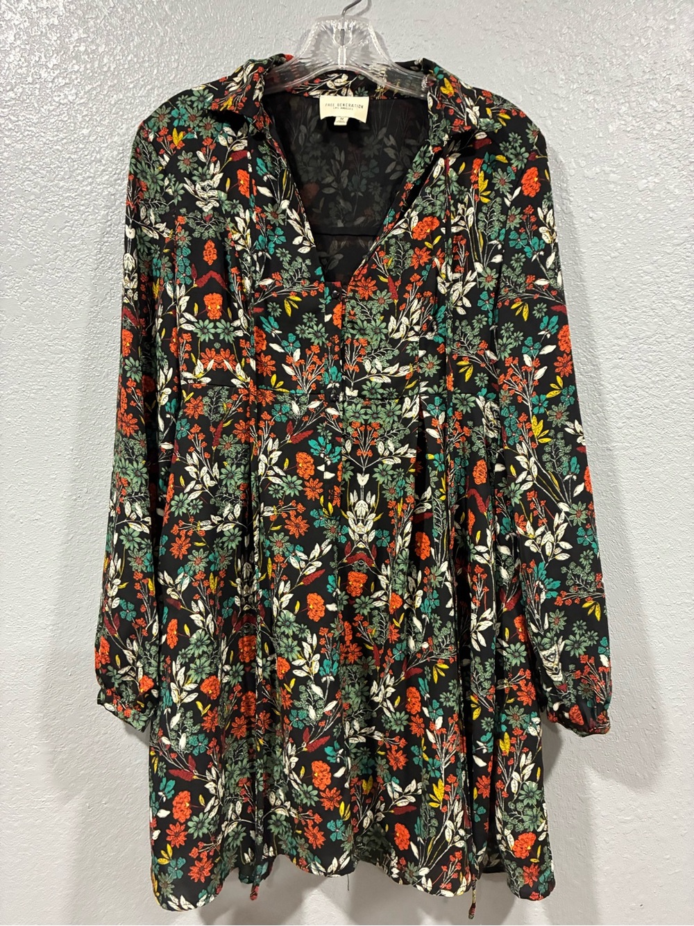 Long-Sleeve Floral Swing Dress - Black with Green & Orange Floral